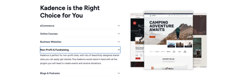Screenshot showing Kadence WP&rsquo;s Non-Profit & Fundraising starter templates category, highlighting its compatibility with donation and event plugins for nonprofit websites.