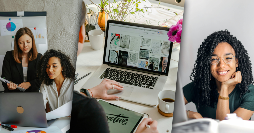 Three images in a row. Left: Two women working on a computer. Middle: Person scrolling through images on their laptop. Right: Woman smiling.