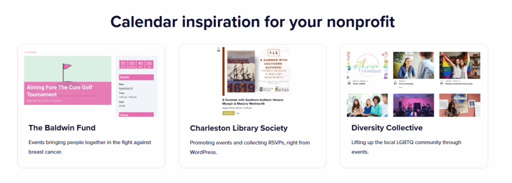 Calendar-style events used to promote nonprofit campaigns like a golf tournament with the Baldwin Fund and other events with the Charleston Library Society and Diversity Collective.