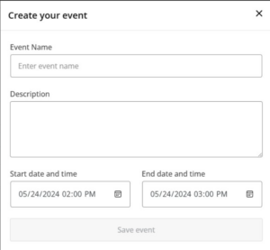 Event creation modal has fields for the Event Name, Description, and Start and End dates for the event