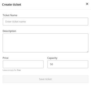 Ticket creation modal has fields for Ticket Name, Description, Price, and Capacity