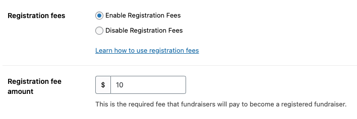 Registration fees setting in the admin.