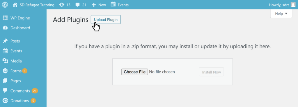 The "Add Plugins" screen with the upload field showing. The mouse is hovering over the "Upload Plugin" button.