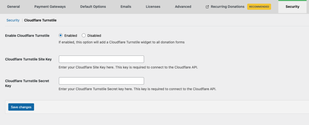 An image of the back-end panel, enabling Cloudflare Turnstile