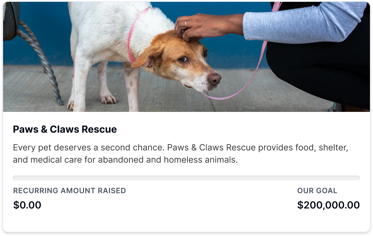 Campaign block displayed on a website page, showcasing the Paws & Claws Rescue campaign, including an image, campaign description, etc. This shows how the Campaign Block can be added to any page for increased visibility. 
