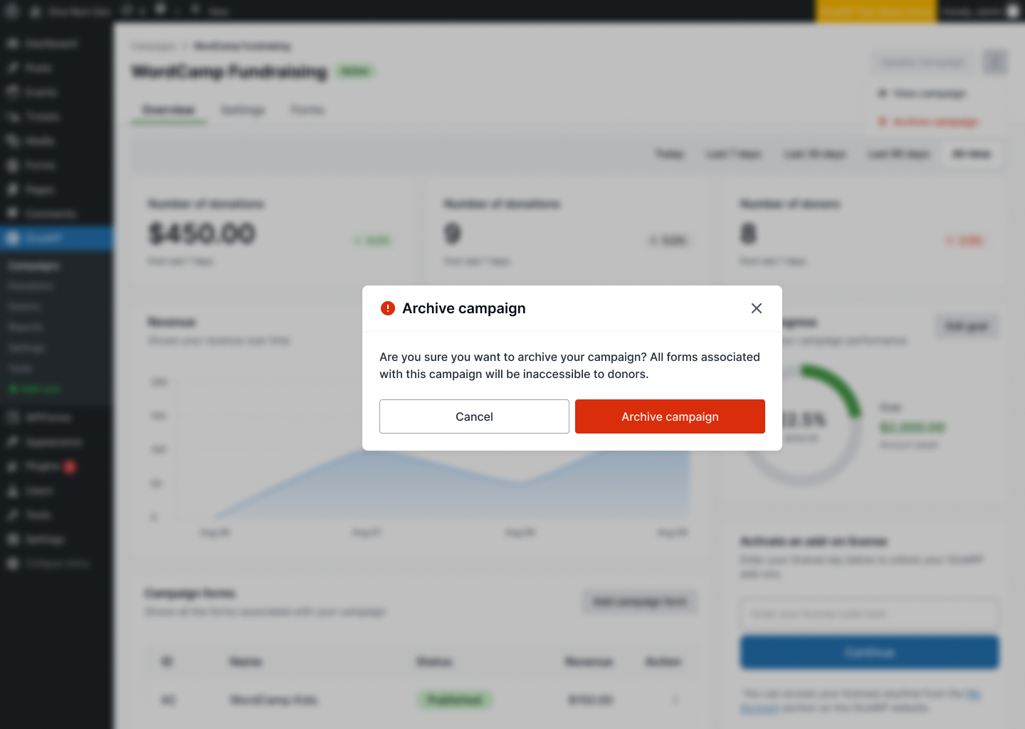 Confirmation popup asking if the user is sure they want to archive the campaign, which will hide all donation forms from donors but keep the campaign in the dashboard.