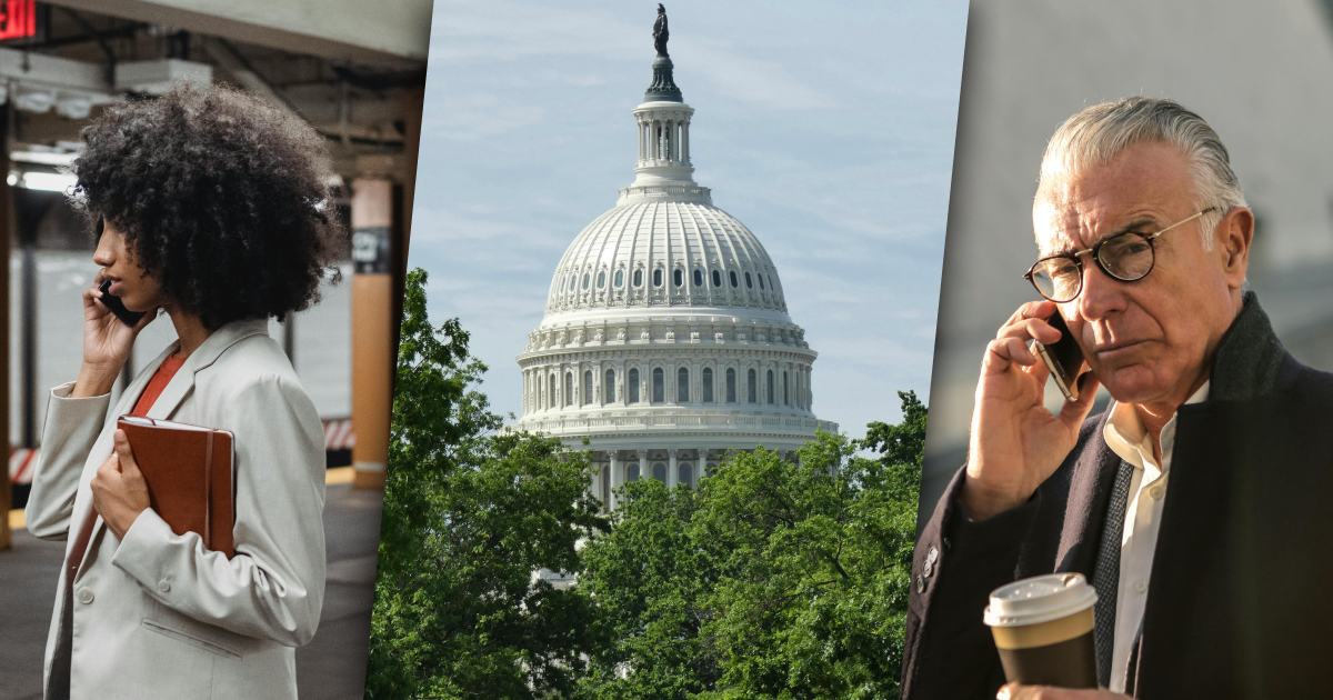 Three-part image showing: (left) a woman with curly hair speaking on the phone while holding a notebook; (center) the U.S. Capitol building, framed by green trees; (right) an older man with gray hair and glasses making a phone call while holding a coffee cup. Represents citizens contacting lawmakers about legislation.