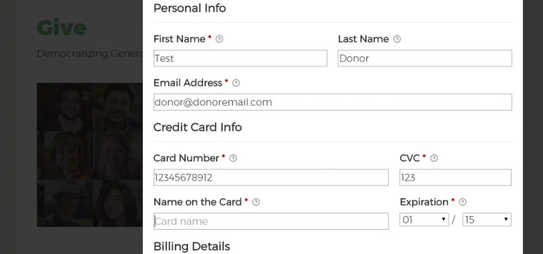 Credit Card fields in the Give modal