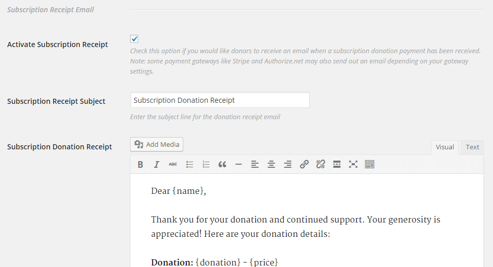 The Subscription Payment Receipt email option
