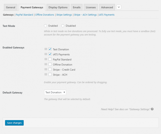 The Give payment gateway settings showing iATS enabled.