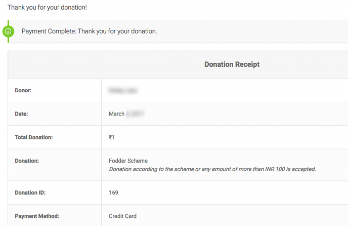 CCAvenue returns the donor to the receipt page upon success