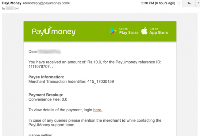 payumoney email receipt