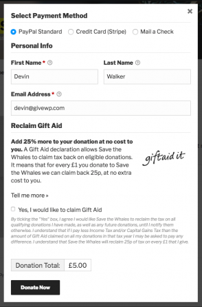 The Gift Aid fieldset within a donation form.