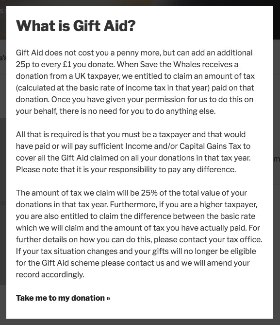 The "Tell Me More" link leads to an optional in depth Gift Aid explanation