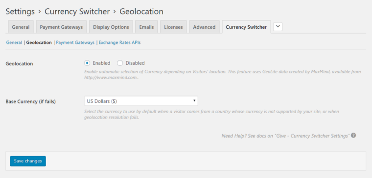Geolocation settings in Dashboard.