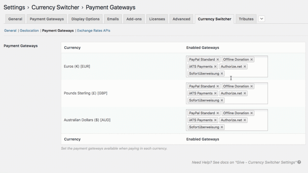 GiveWP's currency switcher per gateway currency acceptance API