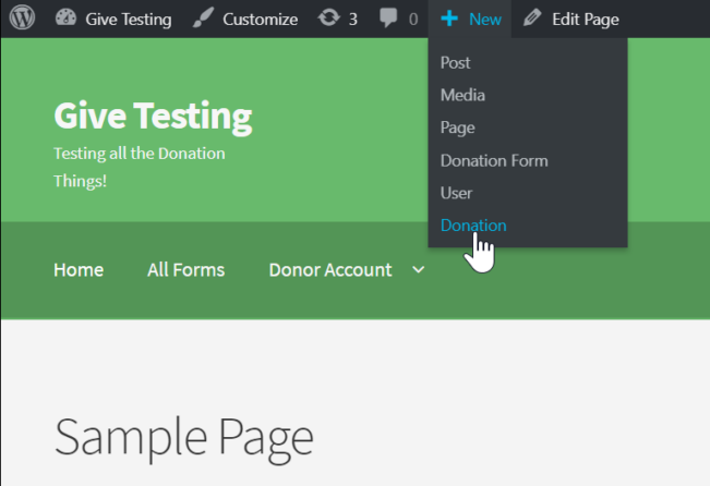 Add a new donation from anywhere on your site with the admin menu.