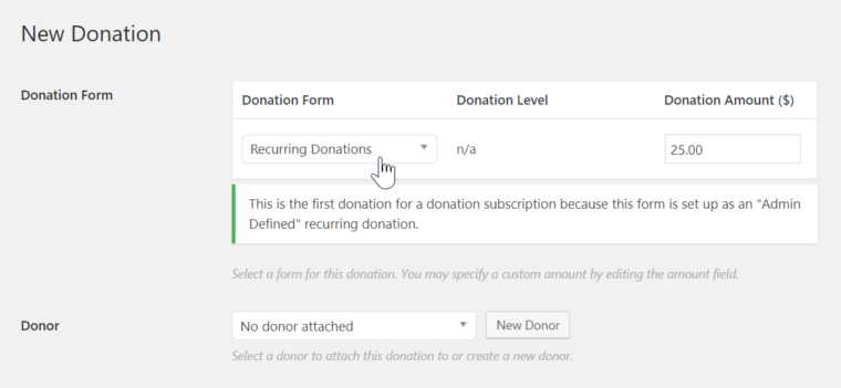 Creating a new donation on an admin-defined recurring donations form.
