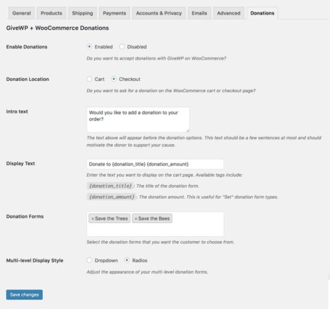 The add-on options displayed in the WooCommerce settings screen.