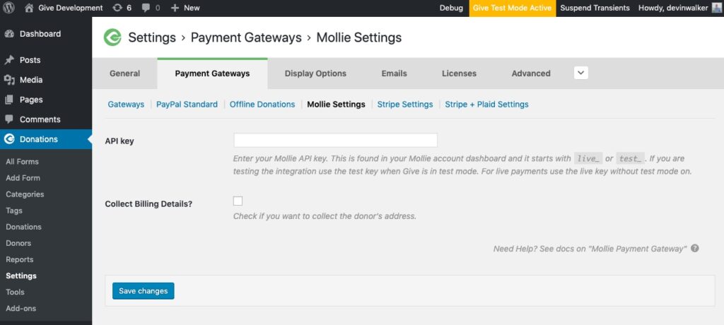 The GiveWP Mollie Payment Gateway Settings Screen