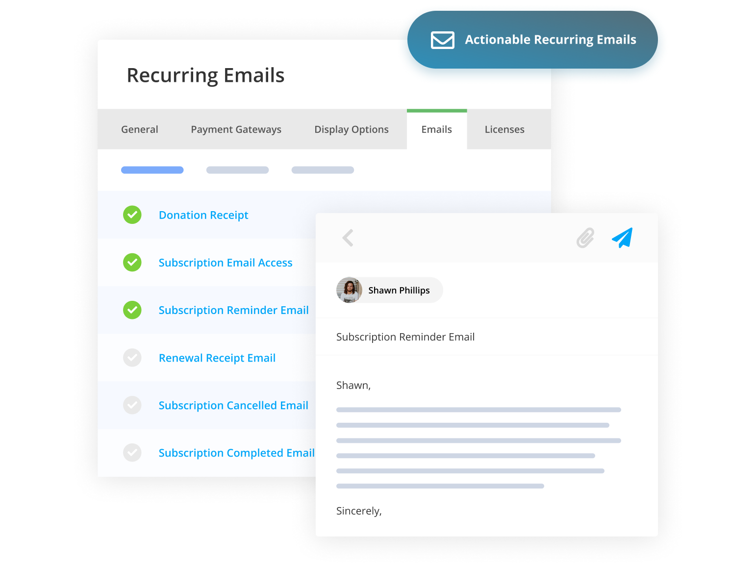Actionable recurring emails are baked into the GiveWP WordPress recurring donation plugin so you can more effectively build relationships with your donors.