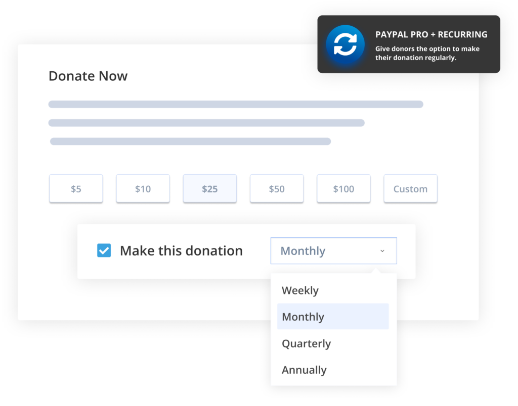 A donation form with recurring donation amounts powered by PayPal Pro and Recurring Donations by GiveWP