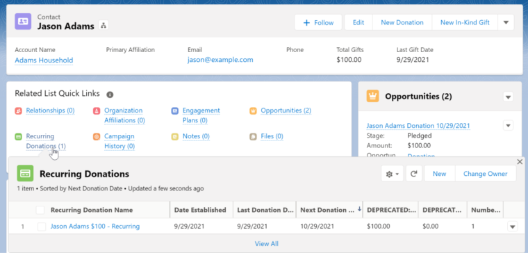 A contact with a recurring donation in the Salesforce NPSP details screen.