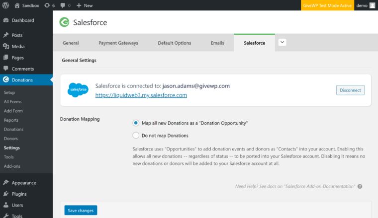 The GiveWP Salesforce settings after connected.