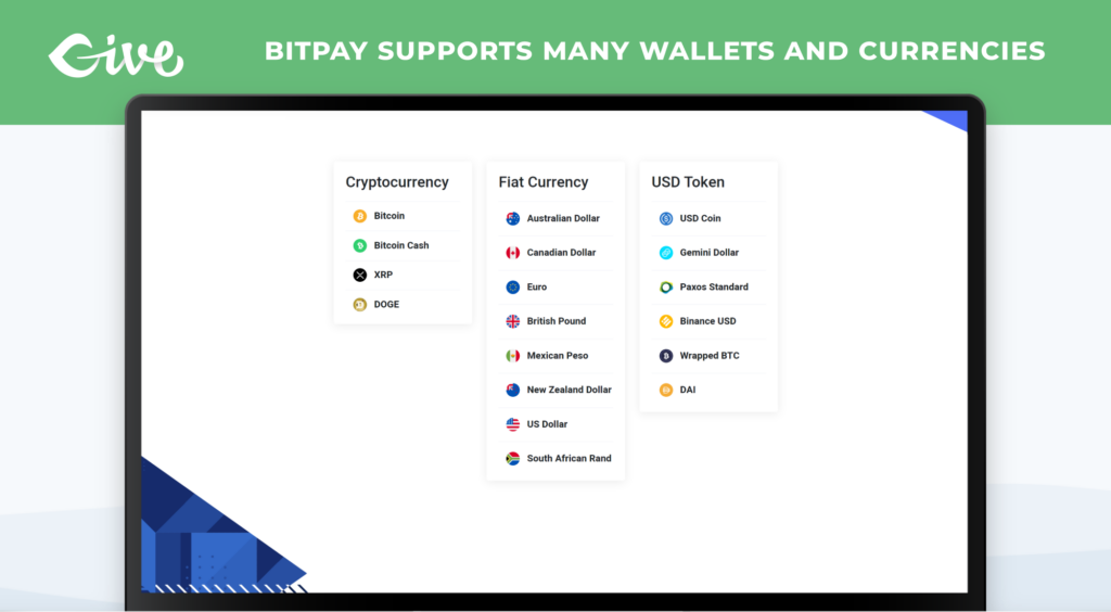 A chart showing how BitPay can convert from Bitcoin, Bitcoin Cash, XRP or Doge to USD, Australian Dollars, Canadian Dollars, Euro, Britsh pounds, Mexican pesos, New Zealand Dollars, or South African Rand.