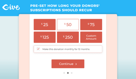 If you chose to preset the recurring period, this will be reflected on the donation form for your donor's information. This screenshot shows a multi-step form that allows the donor to opt into recurring donations, but the period is preset to 12 months.