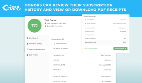 This screenshot shows the donor dashboard and how donors can view their subscription details, cancel their subscription, and view each donation payment receipt, even download a PDF Receipt if you have the add-on enabled..