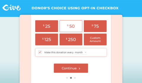 If you set the form to allow donor's to choose recurring or not, the form will add a checkbox. This screenshot shows a multi-step form with a checkbox checked that says "Make this donation event month"
