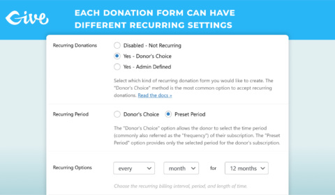 Each form has recurring donations settings. This screenshot shows how to enable or disable recurring features per form; to preset the recurring period or allow the donor to choose the period; and how to set the frequency of the recurring periods.